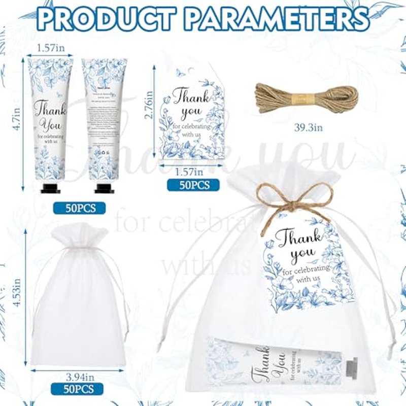 50 Sets Blue Flower Baby Shower Hand Cream Set, Hand Cream Favors for Guests Bridal Wedding Baby Shower Gift Bulk Travel Size Gifts with Thank You Card & Organza Bags(blue flower)