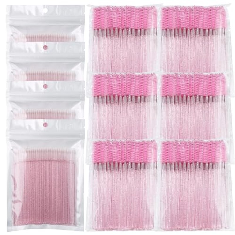 (400+300 Pieces) Pink Crystal Handle - 400 Cotton Swabs + 300 Brushes for Lash Extensions, Makeup (Simple Packaging)-(Crystal Pink)