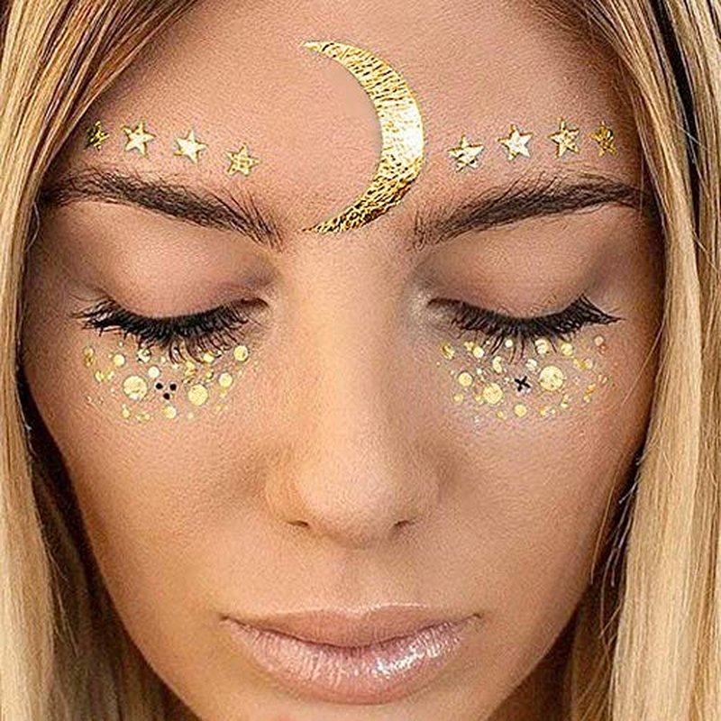 3 Sheets Face Tattoo Sticker Metallic Shiny Temporary Water Transfer Tattoo for Professional Make Up Dancer Costume Parties, Shows Gold Glitter