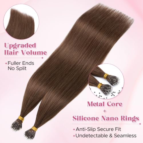 Nano Bead Hair Extensions 18 Inch Real Human Hair - Medium Brown #04 - Seamless & Reusable