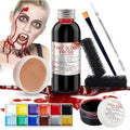 Professional Halloween SFX Special Effects Makeup Kits, Fake Blood, Scab Coagulated Blood Gel, 12 Colors Face Body Paint, Wound Modeling Scar Wax With Spatula Tool, Brushes, Stipple Sponge, Adhesive