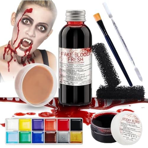Professional Halloween SFX Special Effects Makeup Kits, Fake Blood, Scab Coagulated Blood Gel, 12 Colors Face Body Paint, Wound Modeling Scar Wax With Spatula Tool, Brushes, Stipple Sponge, Adhesive