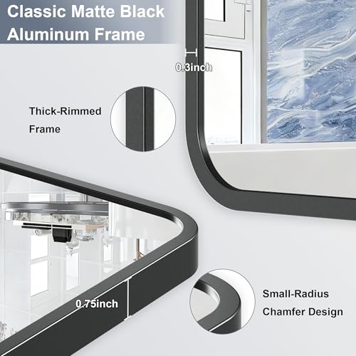 36x24 Bathroom Vanity Mirror with Black Aluminum Frame, Rectangular Wall Mirror with Rounded Corners