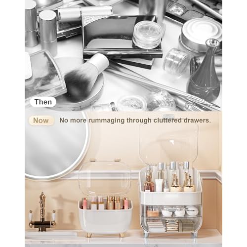 Makeup Organizer with Lipstick Holder, Skincare Organizers Storage Box Cosmetic Display Cases, Teen Girl Gifts Make up Organizers for Vanity, Dresser, Countertop, Bathroom(Silver)
