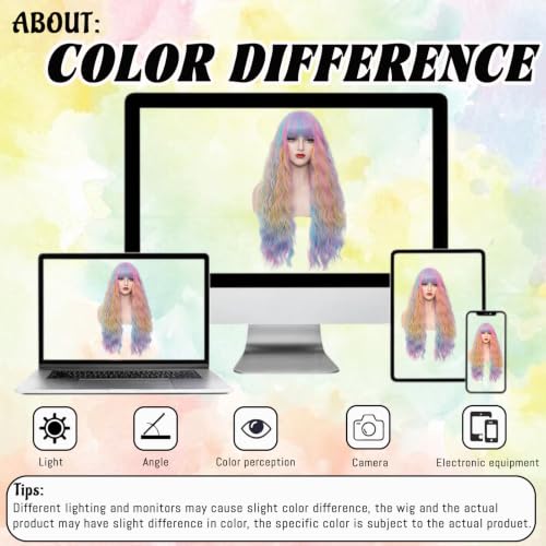 Women's Multi Color Rainbow Curly Wavy Wig 27'' Long Cosplay Halloween Party