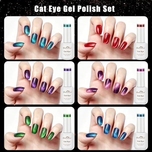VibeFusion Cat Eye Gel Nail Polish Set 6 Colors 15ml - HEMA & TPO-Free, Long-Lasting Manicure