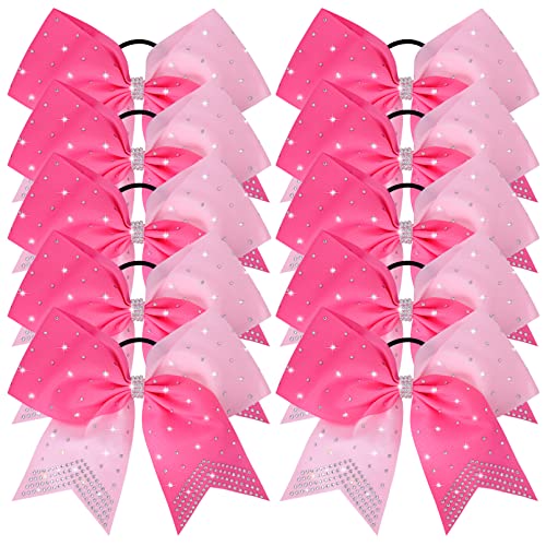DEEKA Pack of 10 Large Cheer Hair Bows 8" with Rhinestones for Girls, Softball & Cheerleader Sports - Light Pink/Hot Pink