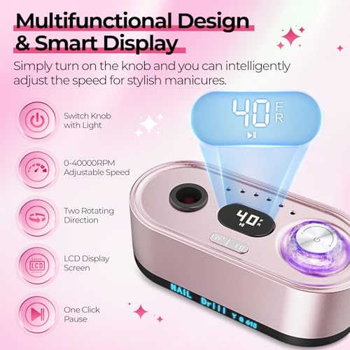 Pink Professional Nail Drill E-File 40000RPM for Gel Polish Removal - JOSGLOI