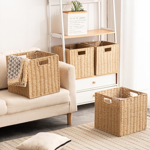 Set of 4 Foldable Hand Woven Storage Baskets with Handles - 13x13x13 Inches, Natural