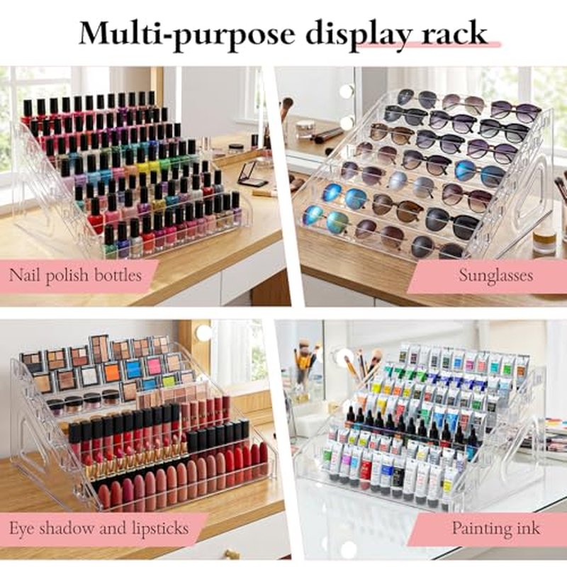 2 Pcs 7 Layers Nail Polish Organizer, Clear Plastic Sunglass Organizer Display Rack Large Essential Oil Storage Holder for Cosmetic, Eyeglasses, Perfume, Jewelry, Lipstick
