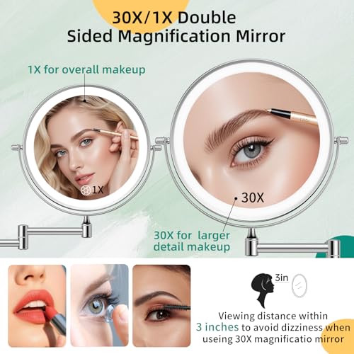 FUNTOUCH 5000mAh Rechargeable Wall-Mounted Makeup Mirror with Light - Polished Chrome