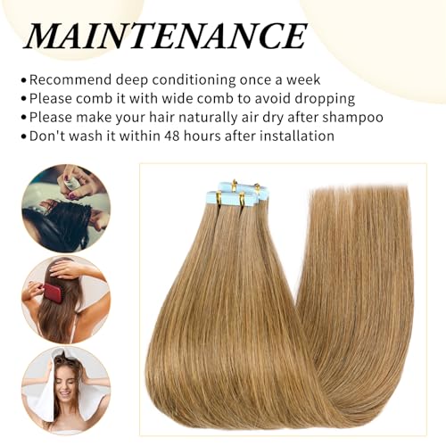 Tape in Hair Extensions Human Hair 16 Inch Light Brown 20 Pcs/50g - Remy Salon Quality