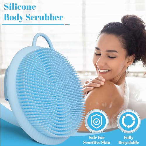 Blue Silicone Body Scrubber with Handle - Exfoliating Shower Brush & Bath Sponge