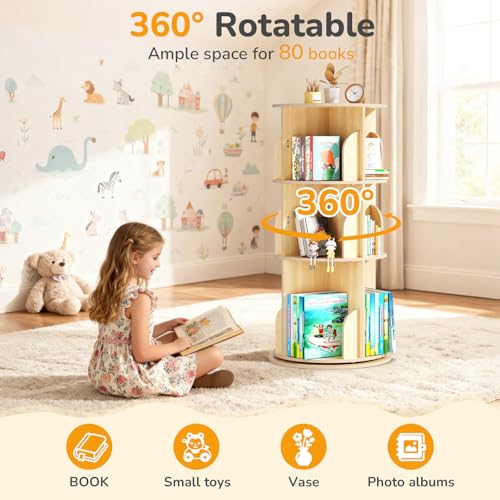 BIERUM 3-Tier 360° Rotating Kids Bookshelf Tower - Space-Saving Child & Adult Storage