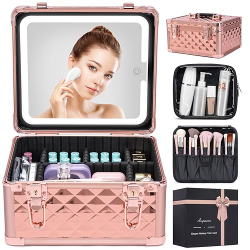 Makeup Box with Led Mirror,Travel Train Hard Case with Rechargeable Mirror Adjustable Dividers,Cosmetic Organizer Storage Bag for Makeup Artist,Appropriate Gift for Women Girls,Sparkling Rose Gold