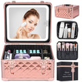 Makeup Box with Led Mirror,Travel Train Hard Case with Rechargeable Mirror Adjustable Dividers,Cosmetic Organizer Storage Bag for Makeup Artist,Appropriate Gift for Women Girls,Sparkling Rose Gold