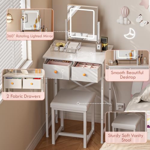 White Small Makeup Vanity Table with Mirror and Light - Space-Saving Compact Desk with Drawers & Chair