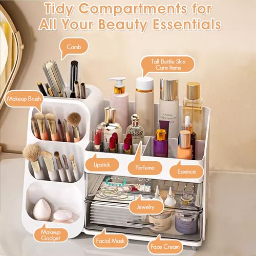 Makeup Organizer with Brush Holder for Vanity, Countertop Organizer with Drawers, Skincare Cosmetic Display Case for Beauty Essentials, Women Bathroom Make up Storage Solution for Dresser Counter