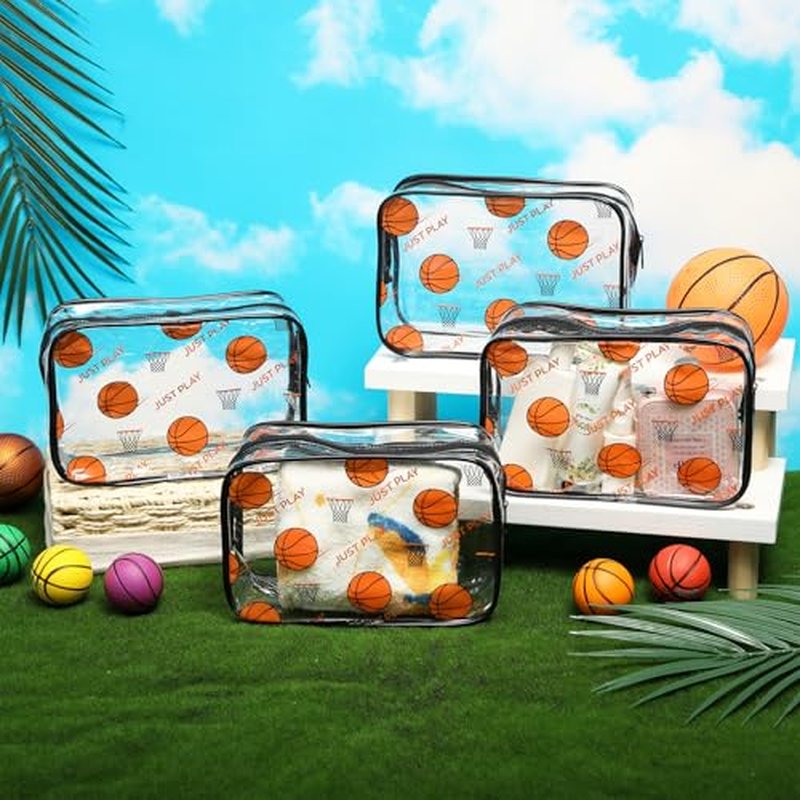 24 Packs Basketball Clear Makeup Bags Bulk Sports Goodie Snack Bags with Zipper Waterproof PVC Cosmetic Pouches Travel Toiletry Organizers for Basketball Team Gifts Sport Birthday Party Favors