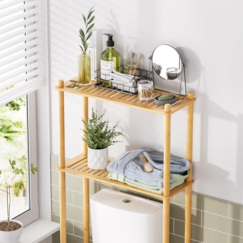 AmazerBath Bamboo Over Toilet Storage Shelf 2-Tier Natural Color - Space Saving Bathroom Organizer
