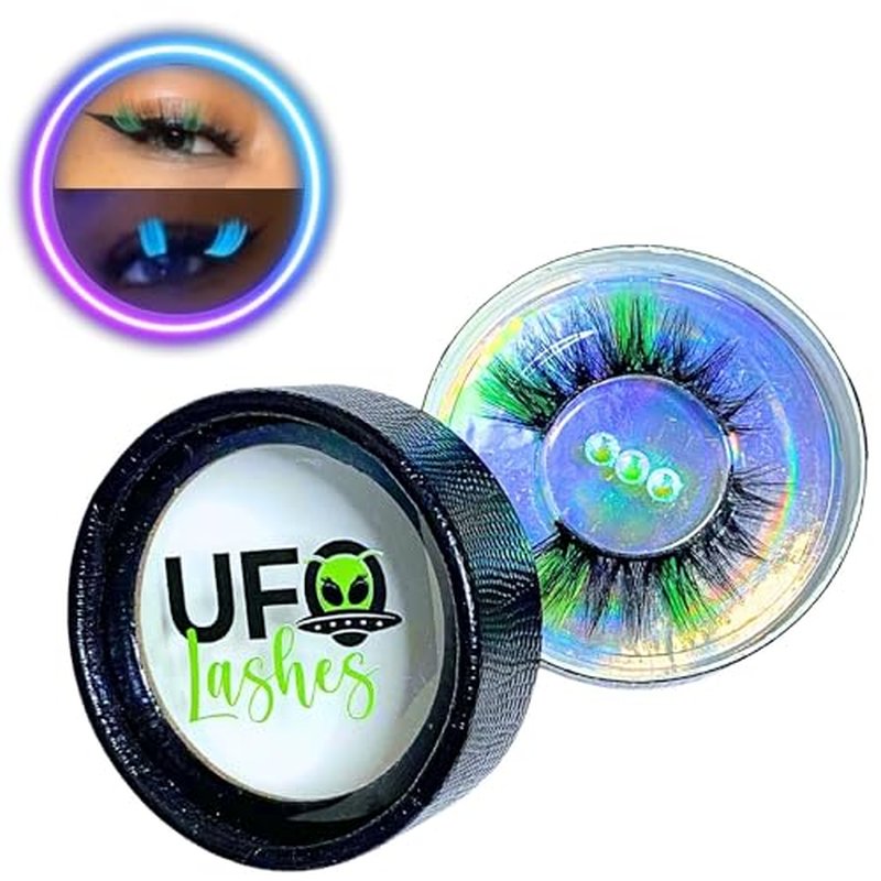 3D False Lashes With Color On End, Faux Mink Wispy Fluffy Two-Toned Colored Strip C Curl, Glow Party Festival Show Eyelashes, Look Like Extensions (Green Spark)