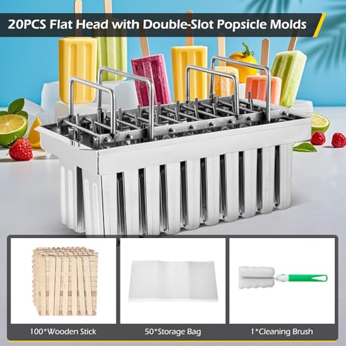 Commercial Stainless Steel Popsicle Molds 20PCS Flat Heads with Double Slots - 85ml