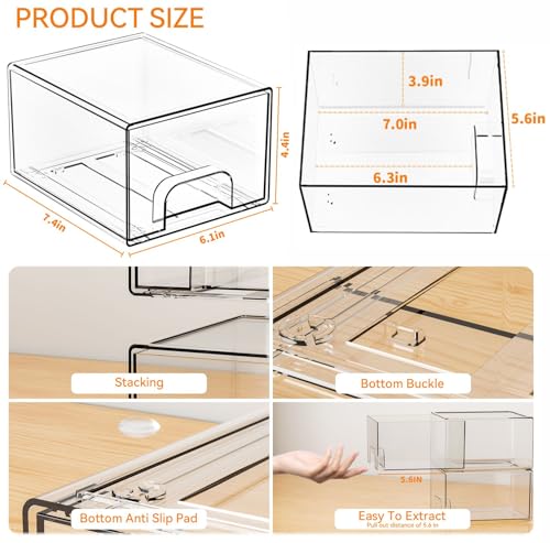 8 Pack Clear Acrylic Storage Bins with 4.4 In Tall Drawers – Stackable Vanity, Under Sink & Pantry Organizer
