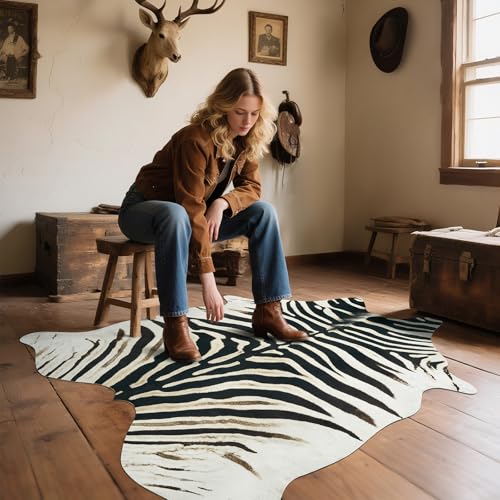 Western Faux Zebra Rug 5.2x6.2 Ft Non-Slip Black & White Animal Skin Decor