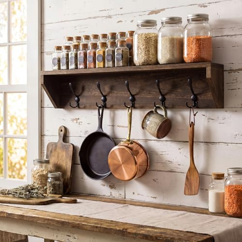 Wall Shelf with Hooks and Organizer - 35 Inch Wooden Coat Rack, Brown, Variation of Wood Color / 35 Inch / 5 Hooks