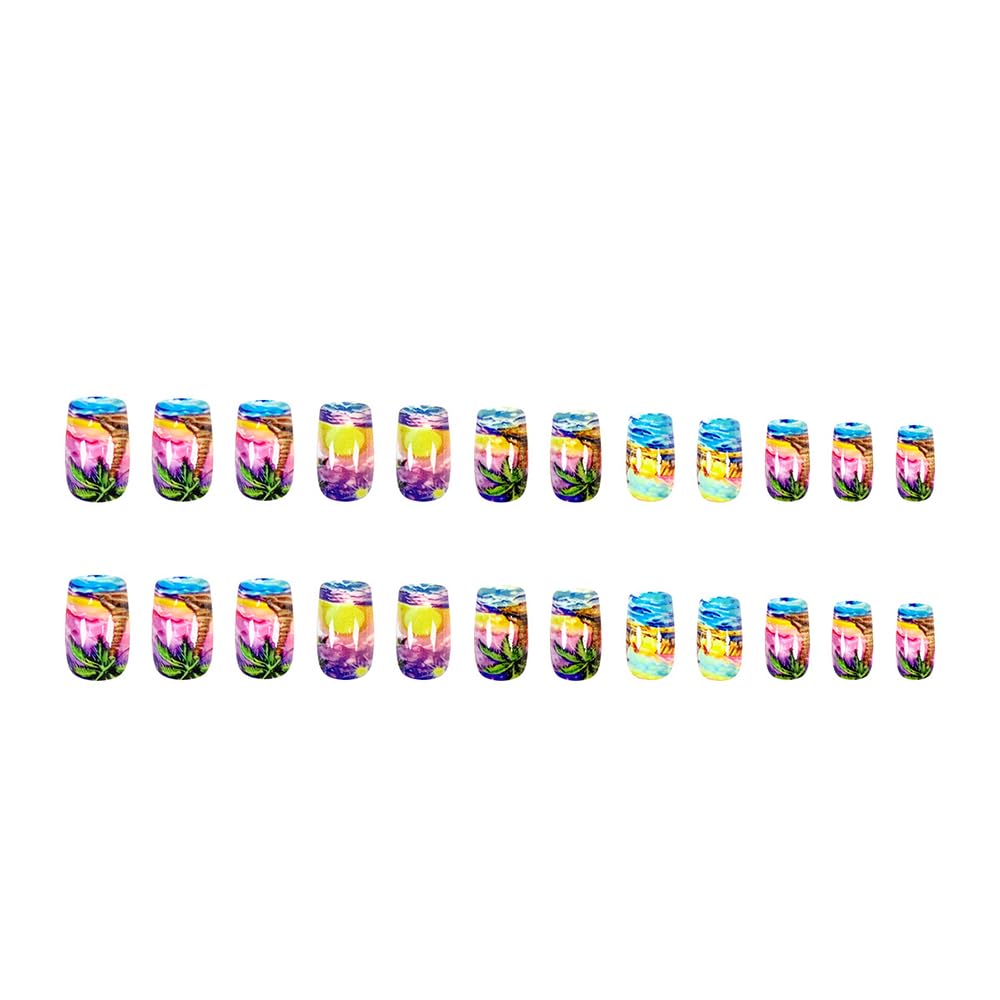 24 Pcs Summer Seaside Press on Nails Short Square,YIHONGYAN Fake Nails Press ons Colorful Sunset Coconut Tree Nail Tip Acrylic Set Glue on Nails Full Cover False Nails Glossy Stick on Nails for Women