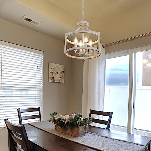 4-Light Farmhouse Chandelier - Distressed White Ceiling Light Fixture with Adjustable Height