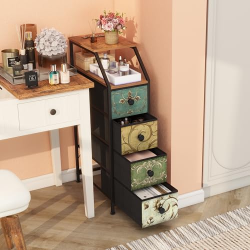 Retro Flower Narrow Vertical Dresser with Charging Station, 4 Drawers - Slim Storage Tower for Bedroom, Bathroom, Small Spaces