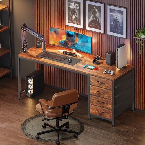 PRAISUN Rustic Brown 55 Inch Computer Desk with USB-C & Power Outlets, Reversible Gaming & Workstation with 4 Fabric Drawers