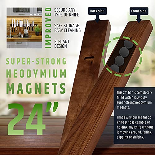 24 Inch Dark Walnut Magnetic Knife Holder - Wall Mount Kitchen Organizer - Upgraded Strong Magnets