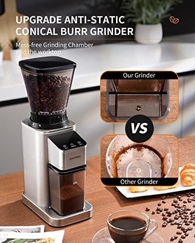 SHARDOR Conical Burr Coffee Grinder, Anti-Static, 48 Settings – Silver