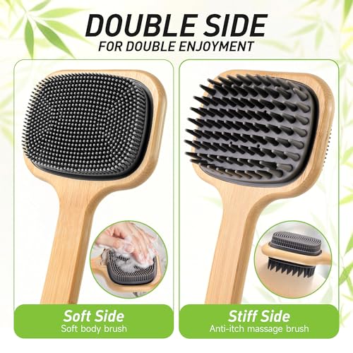Dual-Sided Back Scrubber with 21.65 Inch Handle - Gentle Silicone Shower Brush