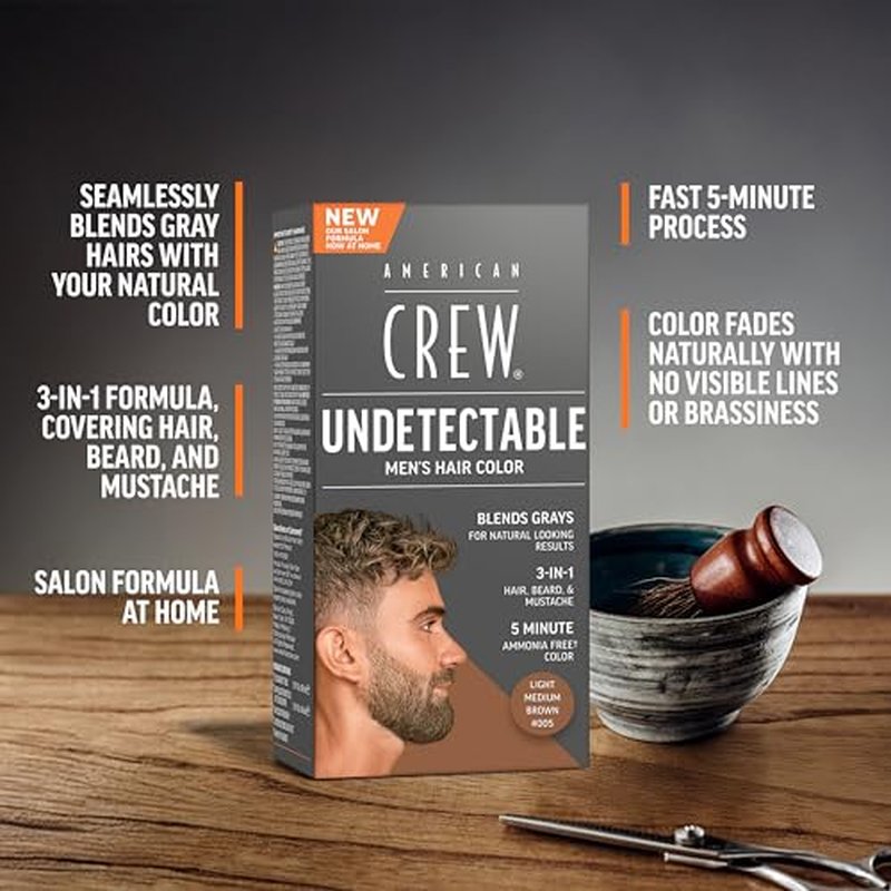American Crew Undetectable Men's Hair Color |Light Medium Brown Demi-Permanent Hair Dye | Natural-Looking Gray Coverage for Men, 005 Light Medium Brown, 1 pack