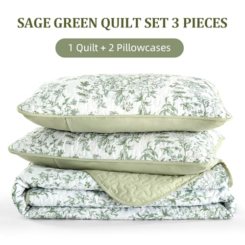 California King Quilt Set - Sage Green Botanical Lightweight Bedspread with Pillowcases - Reversible, 3 Pieces