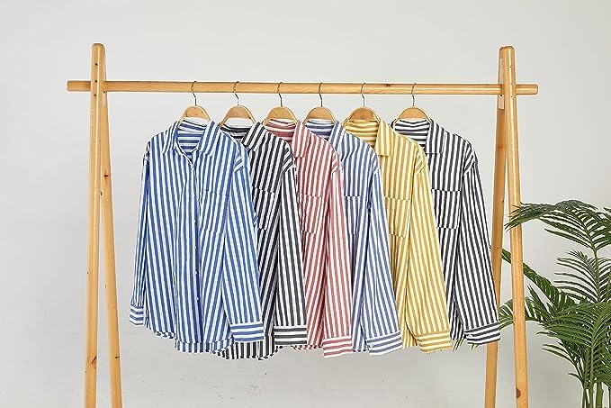 Large Navy Women's Striped Long Sleeve Button-Down Blouse Casual Top