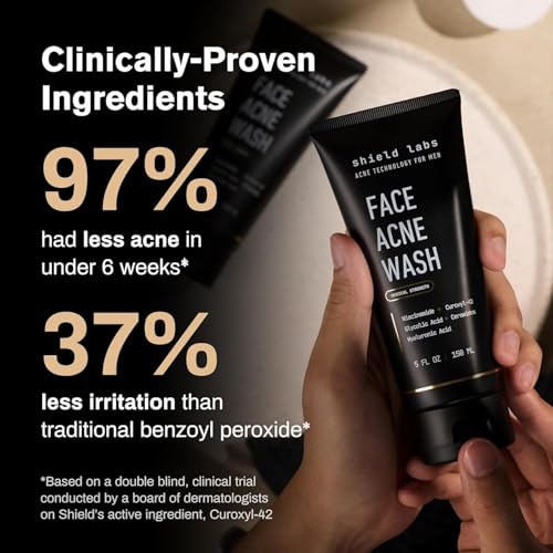 Shield Face Acne Wash for Men 5oz - Clear, Treat & Prevent Acne - Gentle Formula with Niacinamide & Hyaluronic Acid
