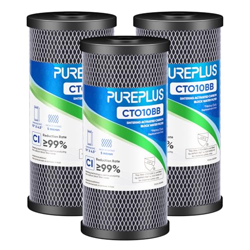 PUREPLUS 5 Micron 10x4.5 Inch Whole House Carbon Water Filter 3 Pack - NSF Certified