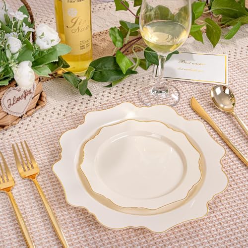 Ivory Plastic Plates with Gold Rim - 200pcs Disposable Dinner & Dessert Plates - Variation of Ivory / 200
