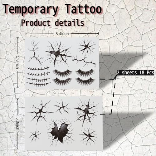 Halloween Creepy Cracks Face Tattoo Set, Temporary Makeup Stickers with Eyelashes, Black Broken Glass Pattern, Costume Accessories