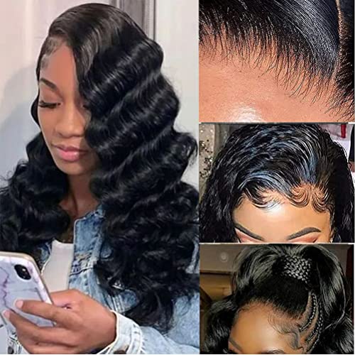 Natural Black 20 Inch Deep Wave Lace Front Wig Human Hair Pre Plucked 13x4 for Black Women