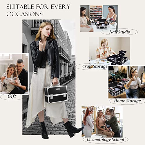 FRENESSA Black Makeup Train Case with 6 Trays 11.8 Inch Portable Cosmetic Organizer