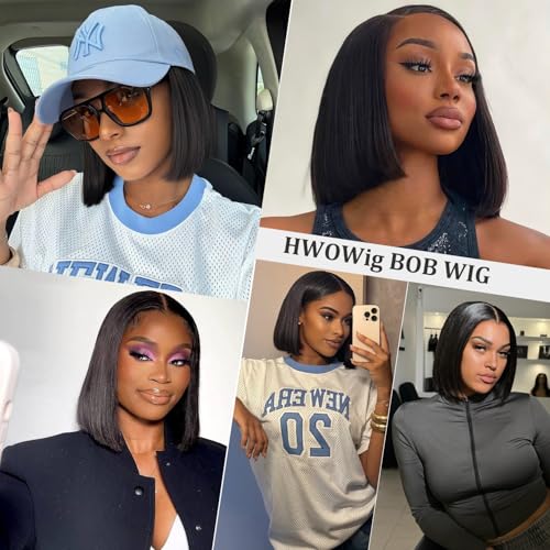 HWOWig 16 Inch Human Hair Bob Wig - Pre Plucked, Short Straight Lace Closure Wig for Black Women