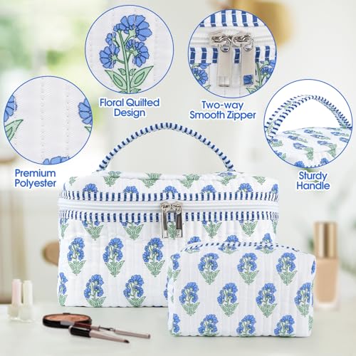 Blue-White Floral 2-Piece Quilted Makeup Bag Set Travel Cosmetic Bags