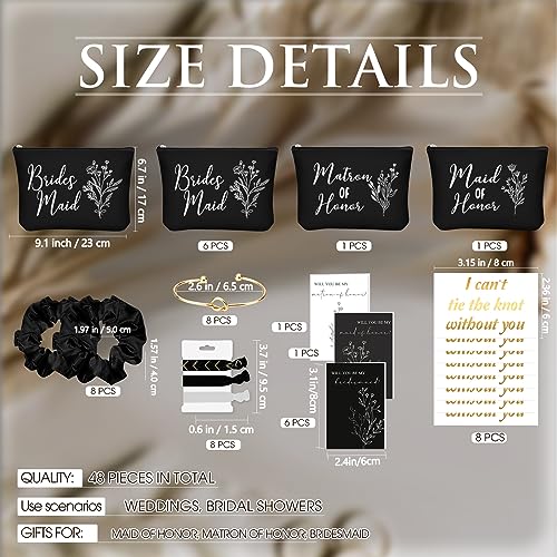 Cunno 48 Pcs 8 Sets Bridesmaid Proposal Gifts Bulk Wedding Will You Be My Maid of Honor Matron of Honor Bridal Shower Makeup Bags Scrunchies Bracelets Cards for Wedding Bridesmaids(Black)