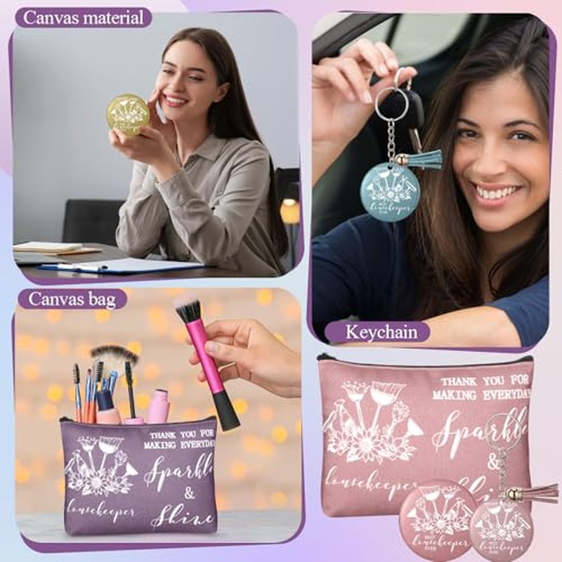 12 Sets Housekeeping Week Appreciation Gifts Housekeepers Cleaning Canvas Makeup Bag Inspirational Mirror Best Housekeeper Ever Keychain Thank You Gift for Team Employee Coworker Cleaner