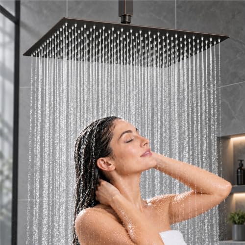 Midanya Square Rain Shower Head - High Pressure, Oil Rubbed Bronze 16 Inch - Variation: Bronze / 16 Inch